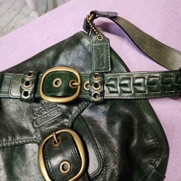 Coach Burnished Leather Bottle Green Bleecker Tattersall Legacy Shoulder Bag - Picture 11 of 14